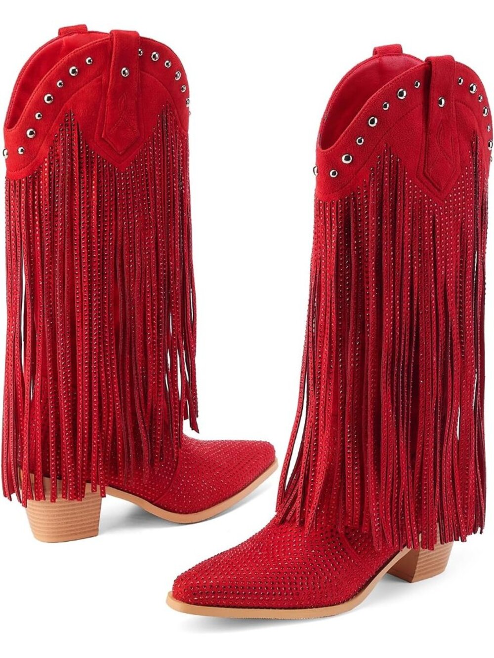 Women's Red Rhinestone Fringe Cowgirl Boots Sparkly Western Pointed Toe Pull On - Picture 3 of 6
